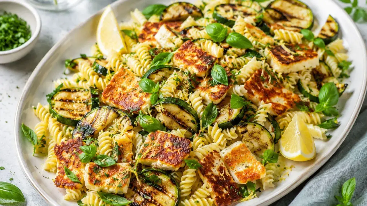 Pyszny makaron z grillowanym halloumi, cukinią i świeżą bazylią. Idealne danie na lato.