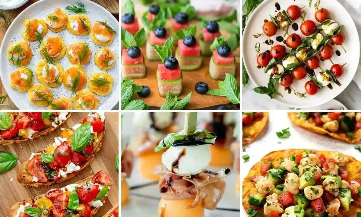 Kolorowe przekąski na grilla: mini tartinki z łososiem, szaszłyki z arbuza i ogórka, caprese, bruschetta, melon z mozzarellą i prosciutto, mini quesadillas.