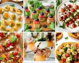 Kolorowe przekąski na grilla: mini tartinki z łososiem, szaszłyki z arbuza i ogórka, caprese, bruschetta, melon z mozzarellą i prosciutto, mini quesadillas.