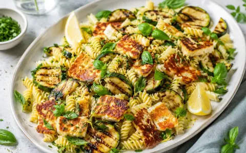 Pyszny makaron z grillowanym halloumi, cukinią i świeżą bazylią. Idealne danie na lato.