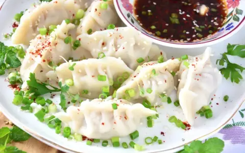 Pyszne pierogi gyoza, posypane szczypiorkiem i sezamem, podane z sosem.