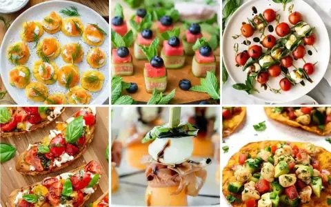 Kolorowe przekąski na grilla: mini tartinki z łososiem, szaszłyki z arbuza i ogórka, caprese, bruschetta, melon z mozzarellą i prosciutto, mini quesadillas.