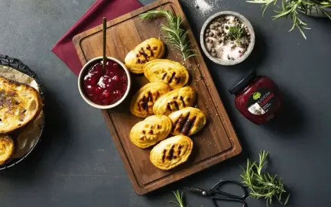 Grillowane oscypki z żurawiną, podane na desce z gałązką rozmarynu, obok miseczki z konfiturą i słoiczka z żurawiną.