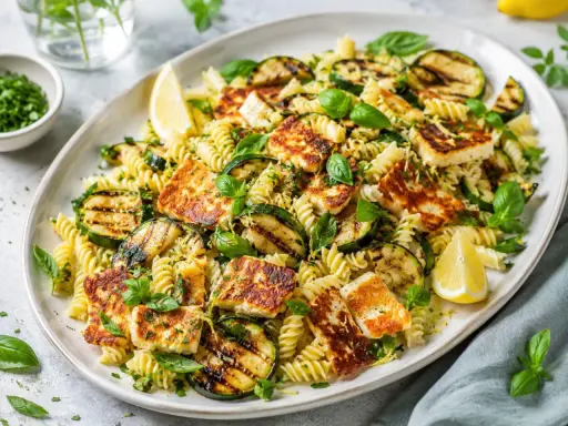 Pyszny makaron z grillowanym halloumi, cukinią i świeżą bazylią. Idealne danie na lato.