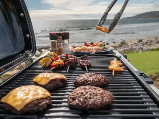 Letnia uczta nad morzem: burgery z serem, szaszłyki z mięsem i warzywami, krewetki na patyku – wszystko czeka na idealne grillowanie.