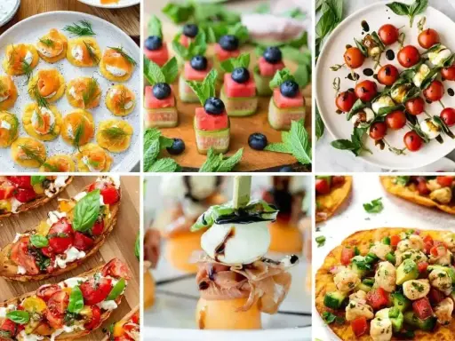 Kolorowe przekąski na grilla: mini tartinki z łososiem, szaszłyki z arbuza i ogórka, caprese, bruschetta, melon z mozzarellą i prosciutto, mini quesadillas.