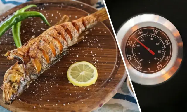Złocista ryba na grilla, podana z cytryną i papryczkami, obok termometr grilla wskazujący idealną temperaturę.