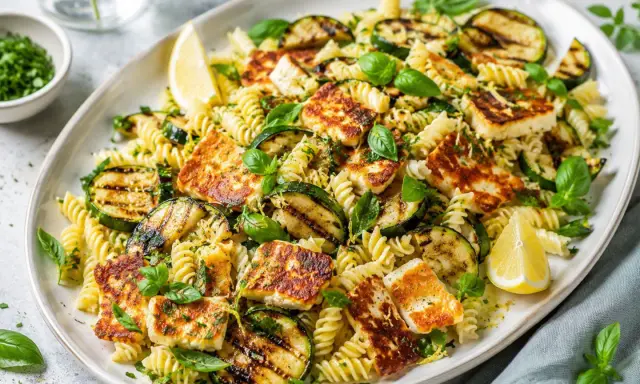 Pyszny makaron z grillowanym halloumi, cukinią i świeżą bazylią. Idealne danie na lato.