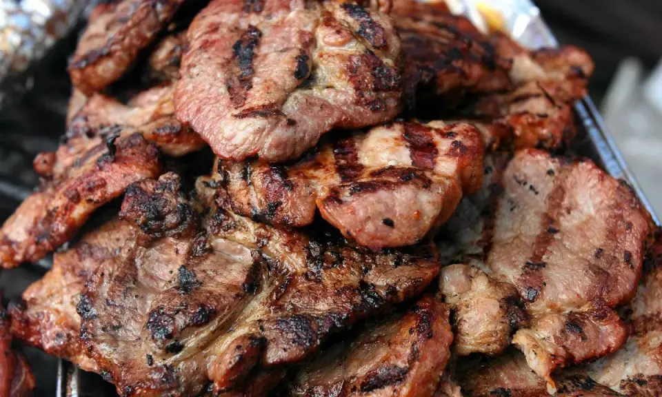 Soczysta karkówka z grilla, idealna marynata do karkówki na grilla okrasa. Grillowane plastry mięsa z charakterystycznymi paskami.