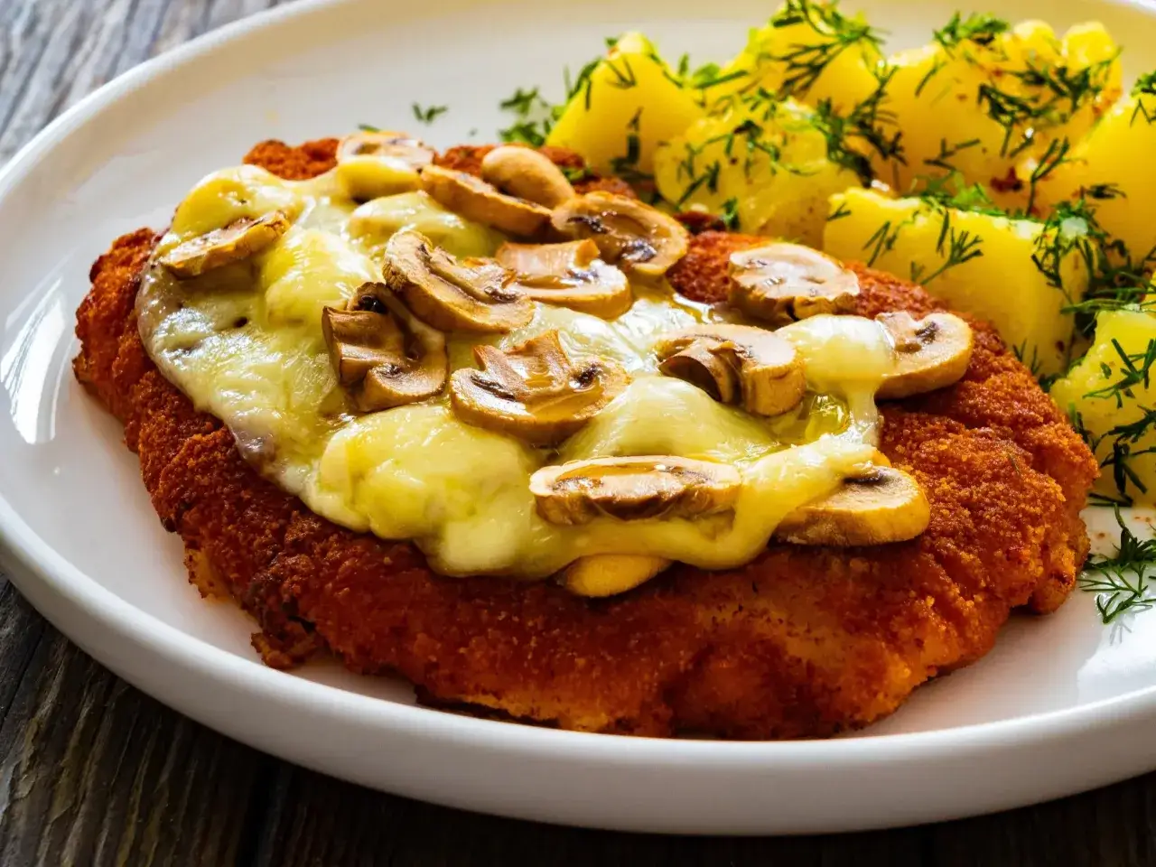 Kotlet po szwajcarsku z grzybami i serem, podany z ziemniakami i koperkiem. Pyszne danie na obiad.