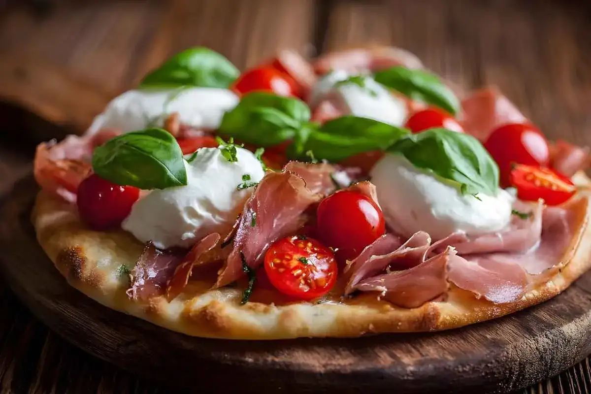 Pyszna pinsa z czym? Z mozzarellą, pomidorkami koktajlowymi, szynką parmeńską i bazylią. Idealna na lekki lunch.