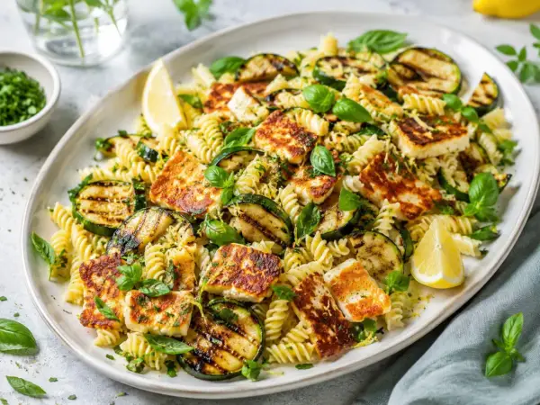 Pyszny makaron z grillowanym halloumi, cukinią i świeżą bazylią. Idealne danie na lato.